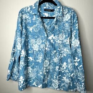 Lauren Ralph Lauren Women's Size Large Blue White Floral Flannel Pajama Shirt